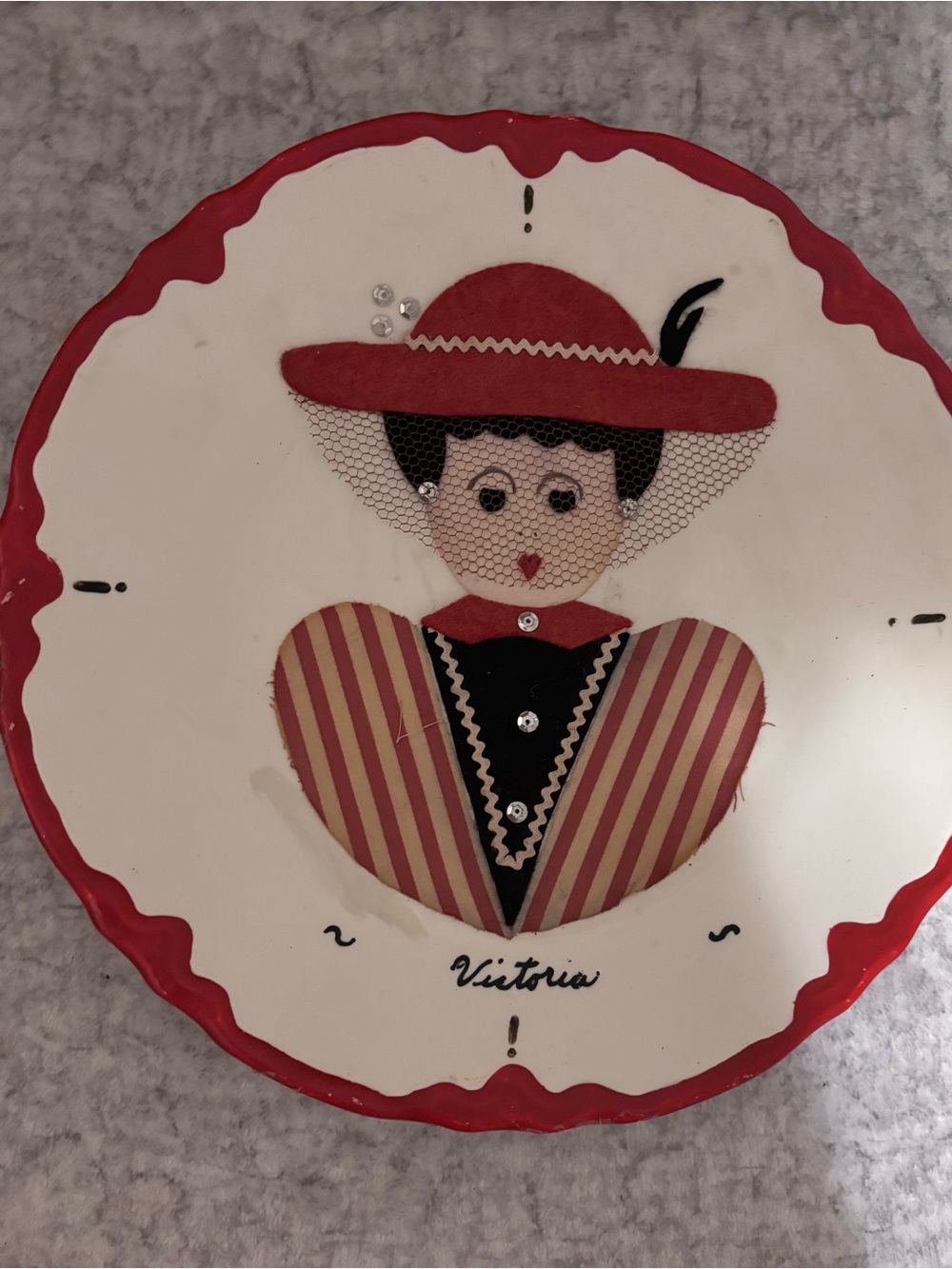 Vintage 1960 Decorative Handmade  Lady Wall Plaque in Red, Cream, Black